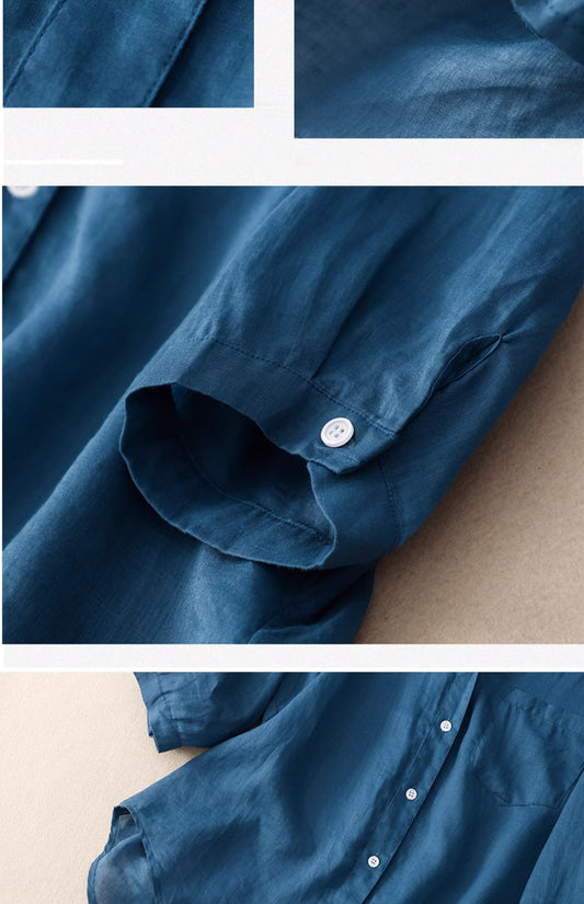 Blusa blanca de lino y algodón, cuello en V y manga corta para verano