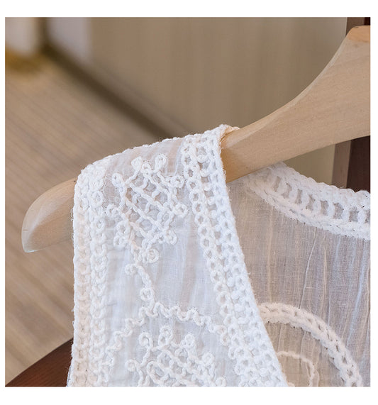 Chaleco elegante sin mangas, bordado delicado y diseño superpuesto chic