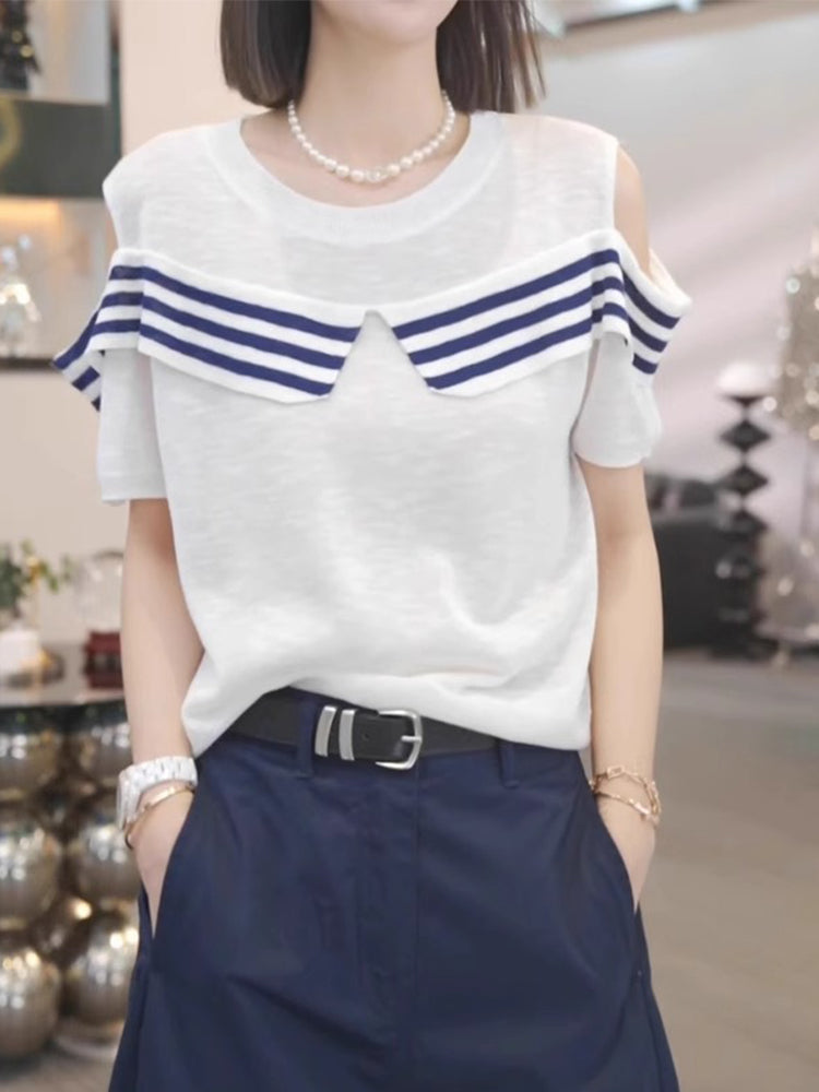 Camiseta francesa de verano para mujer curvy, ligera, fresca y con hombros al aire