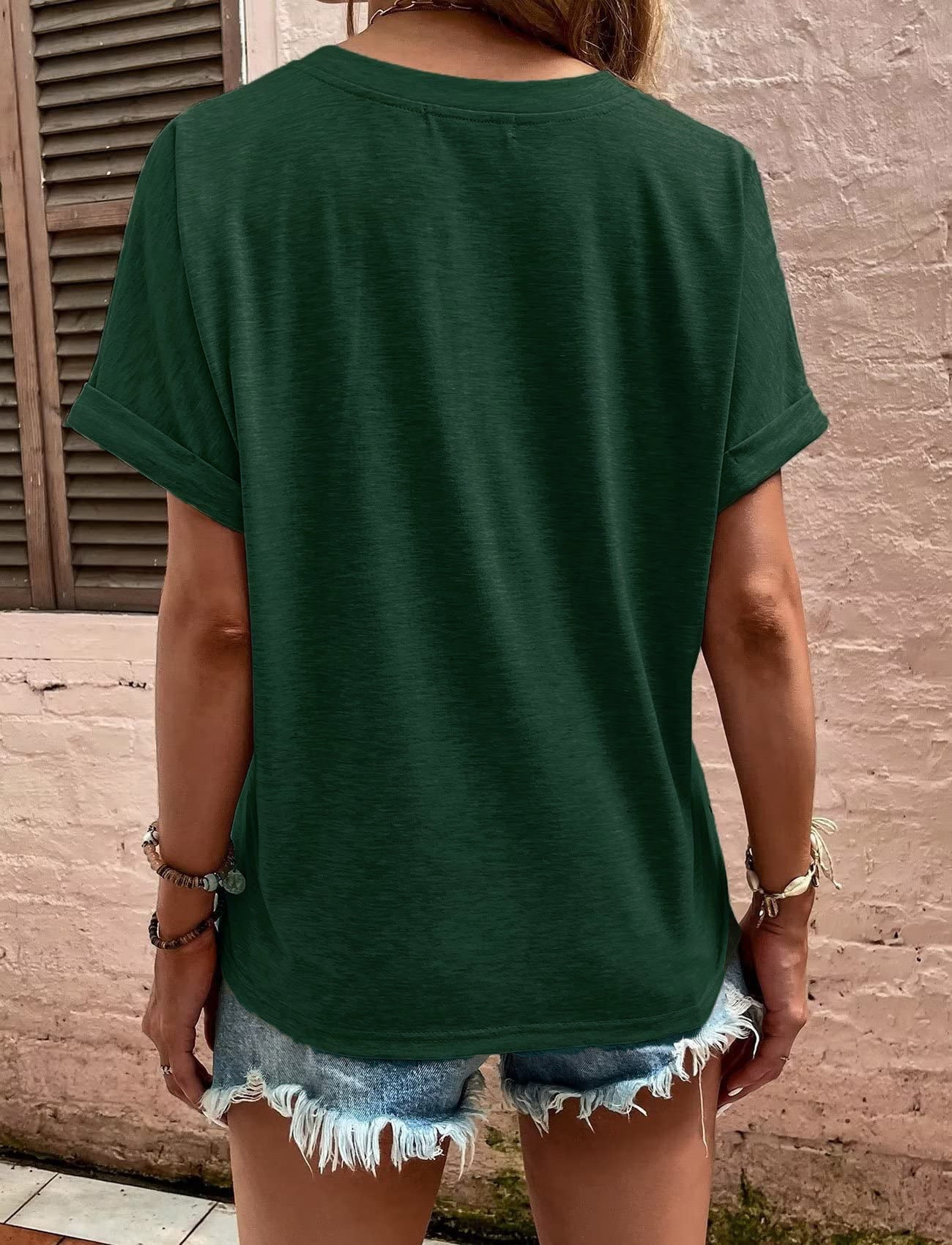 Camiseta de algodón orgánico para mujer, suelta, con botones y cuello en V