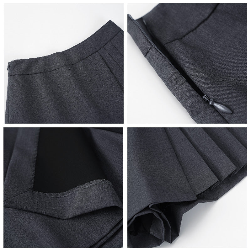 Falda gris de corte irregular con estilo sastre, fresca y moderna para verano
