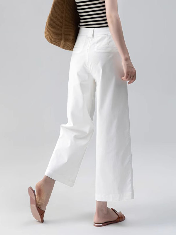 Pantalón de pierna ancha para mujer, tela ligera, blanco, estilo casual chic