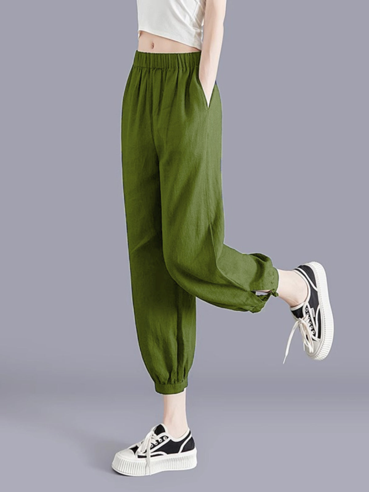 Pantalón harén de lino para mujer, estilo casual, fino y con puños elásticos
