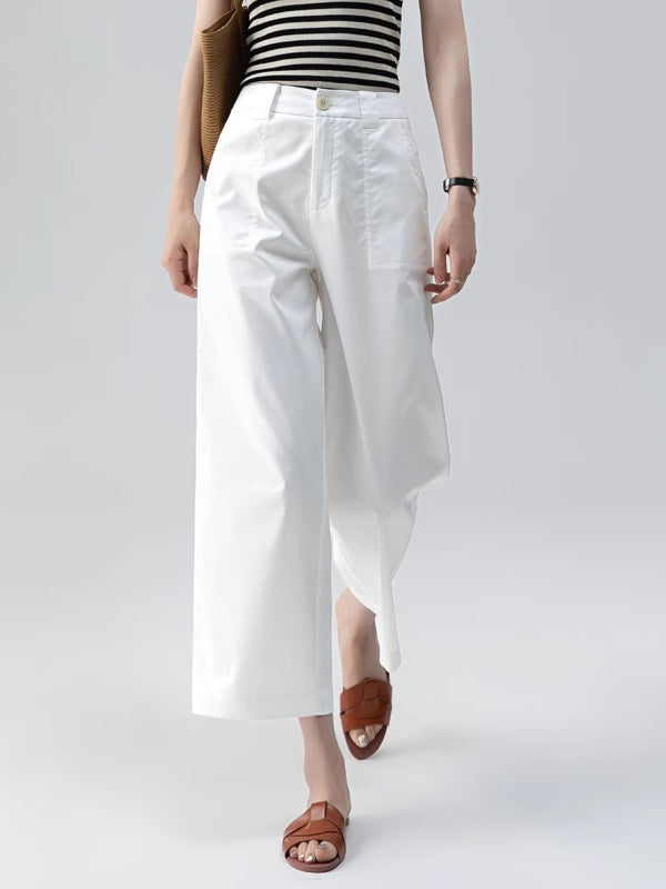 Pantalón de pierna ancha para mujer, tela ligera, blanco, estilo casual chic
