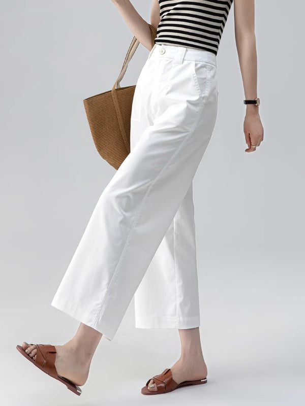 Pantalón de pierna ancha para mujer, tela ligera, blanco, estilo casual chic