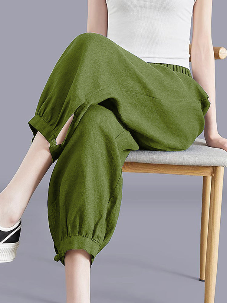 Pantalón harén de lino para mujer, estilo casual, fino y con puños elásticos