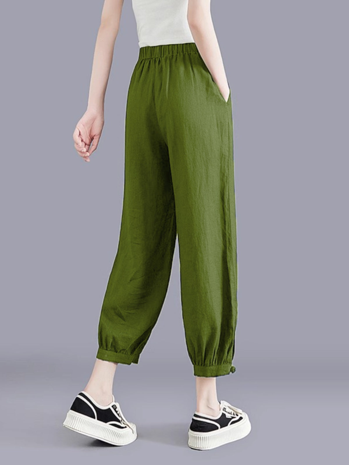 Pantalón harén de lino para mujer, estilo casual, fino y con puños elásticos