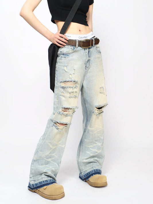 Pantalones vaqueros streetwear con rotos, estilo retro y pernera recta larga