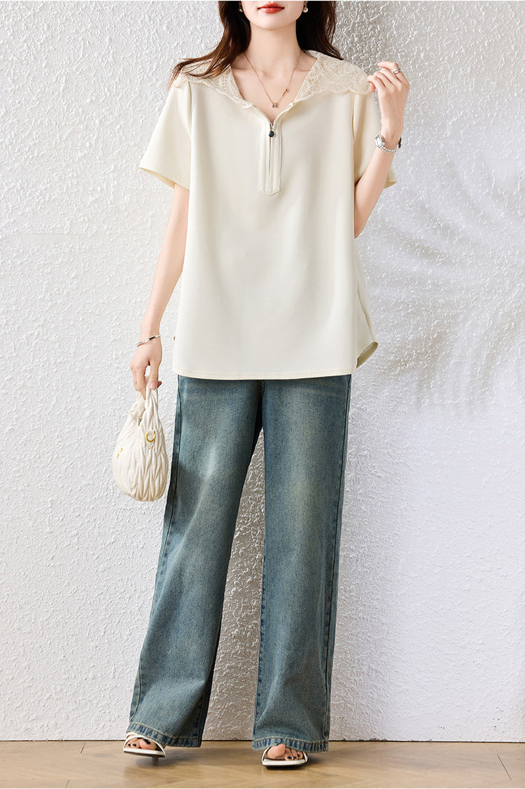 Camiseta corta con capucha y encaje, estilo casual y fresco para mujer