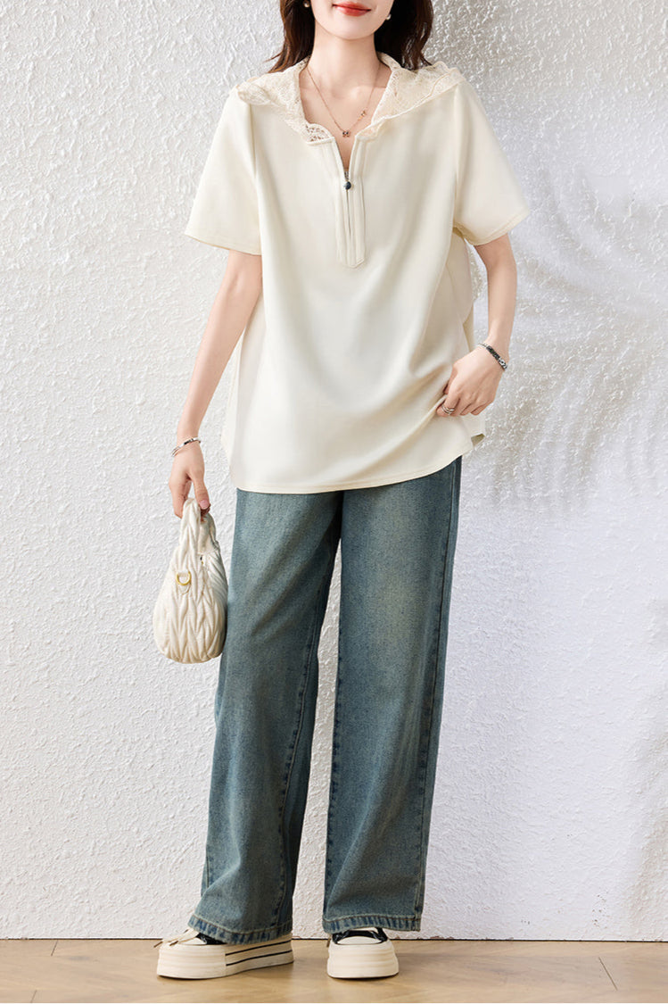 Camiseta corta con capucha y encaje, estilo casual y fresco para mujer