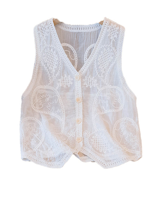 Chaleco elegante sin mangas, bordado delicado y diseño superpuesto chic