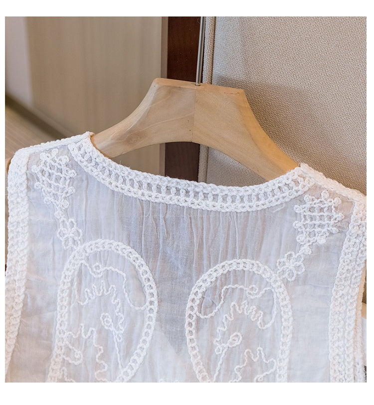 Chaleco elegante sin mangas, bordado delicado y diseño superpuesto chic