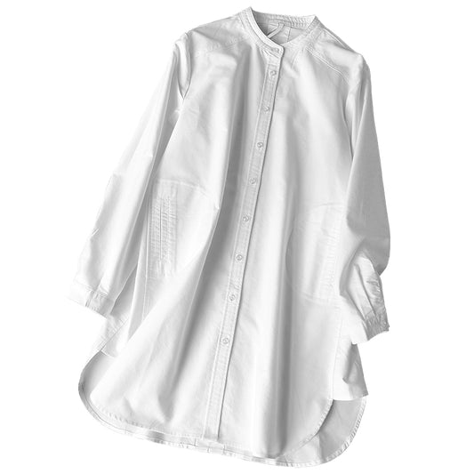 Camisa holgada de manga larga, algodón blanco, cuello mandarina elegante
