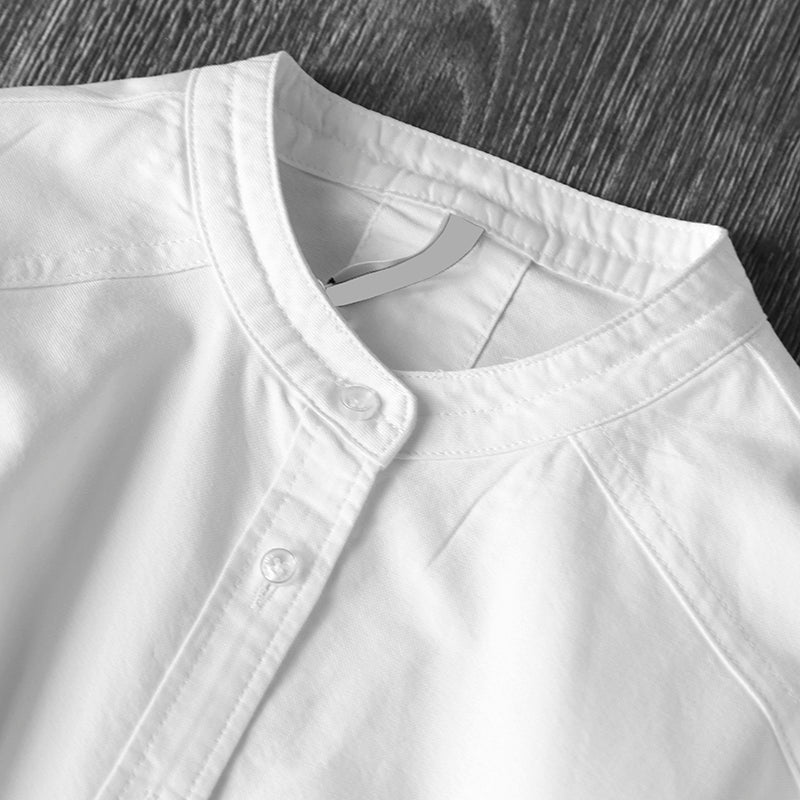 Camisa holgada de manga larga, algodón blanco, cuello mandarina elegante