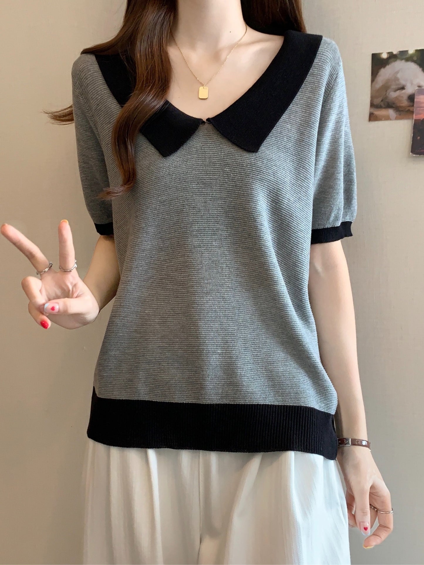 Camiseta gris de verano para mujer, cuello polo, talla grande y tejido fresco
