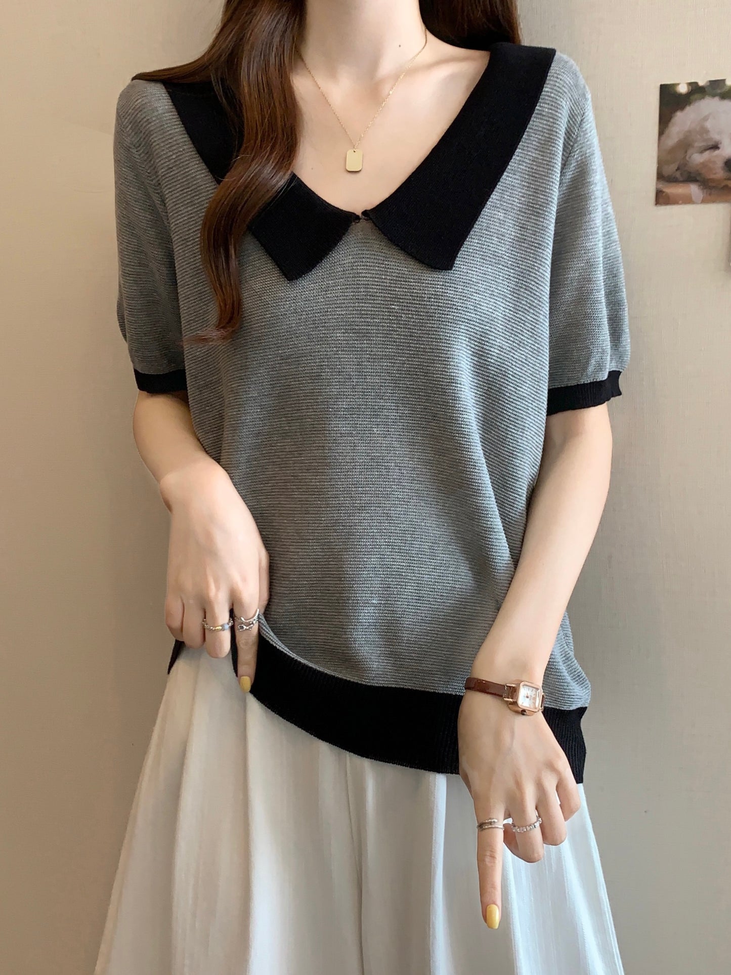 Camiseta gris de verano para mujer, cuello polo, talla grande y tejido fresco