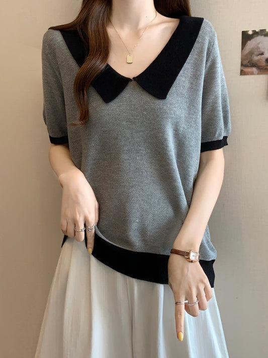 Camiseta gris de verano para mujer, cuello polo, talla grande y tejido fresco