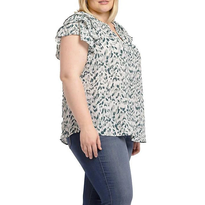Blusa de talla grande con estampado floral, escote en V y manga corta