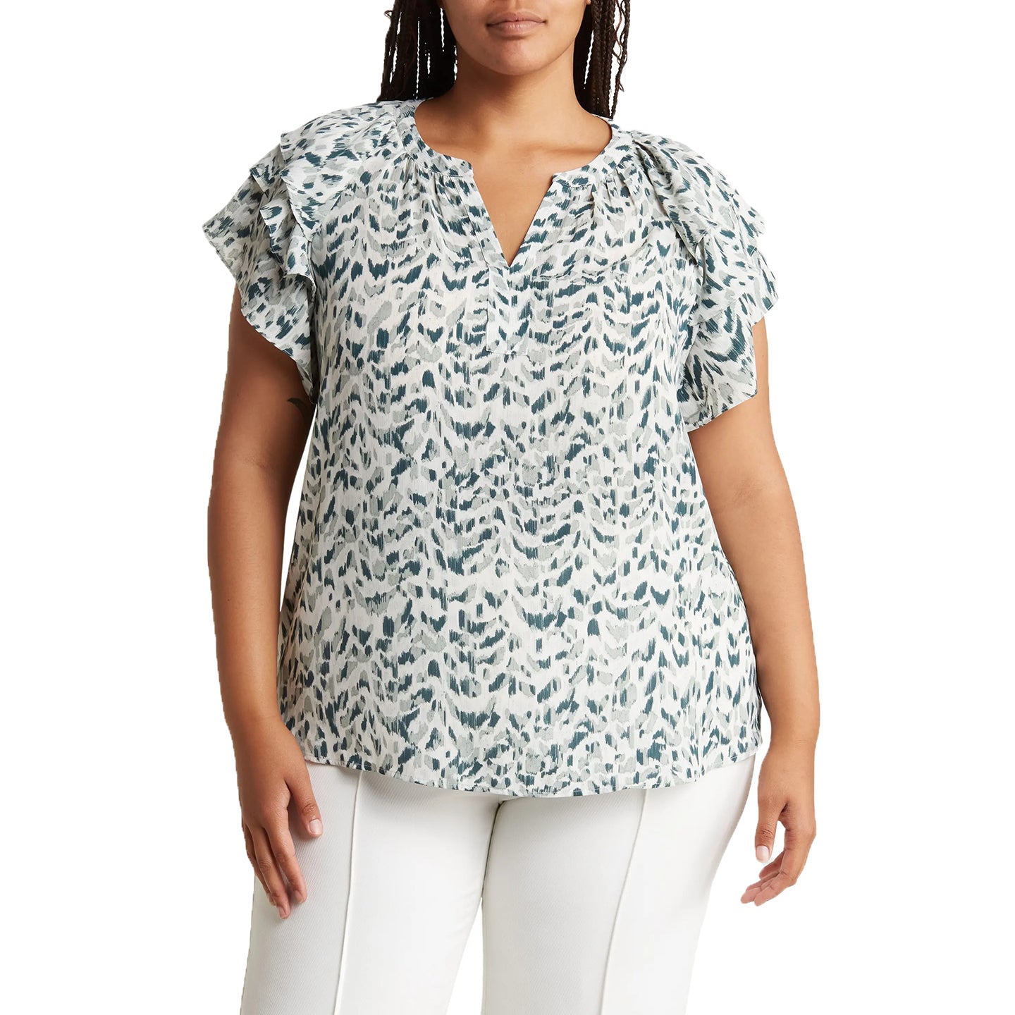 Blusa de talla grande con estampado floral, escote en V y manga corta