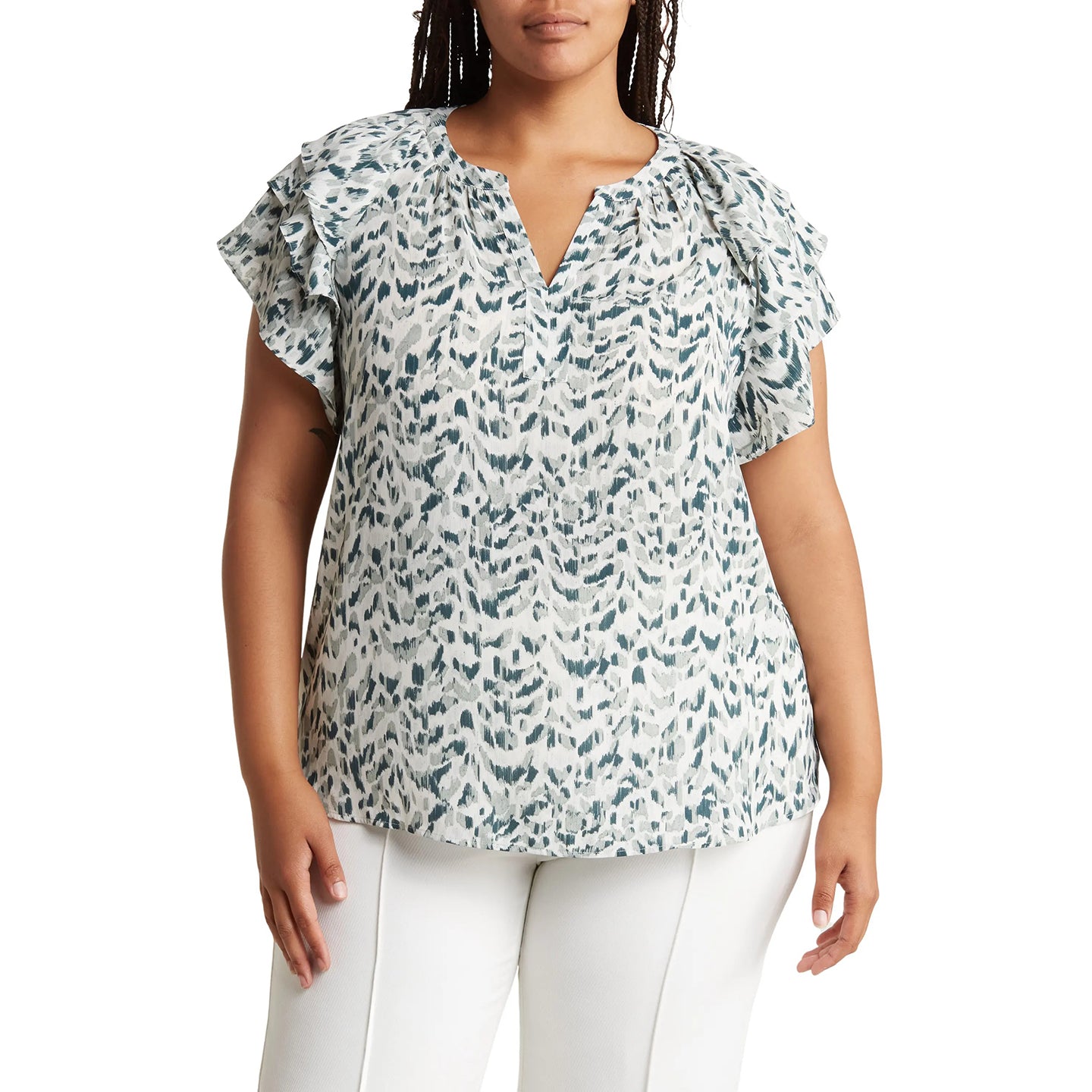 Blusa de talla grande con estampado floral, escote en V y manga corta