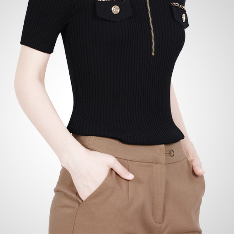 Top femenino de punto con inspiración francesa, cintura marcada y estilo moderno