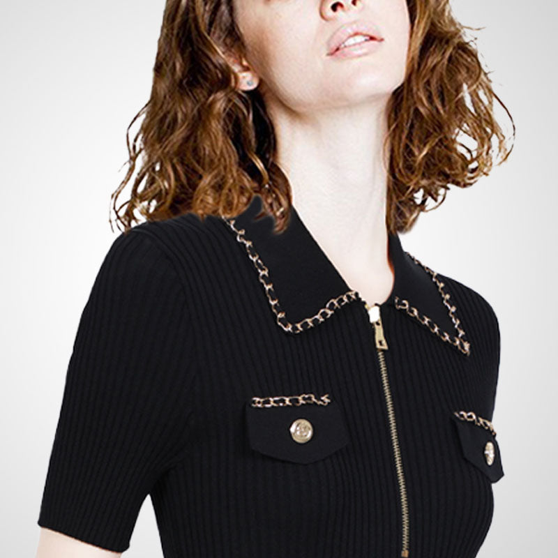Top femenino de punto con inspiración francesa, cintura marcada y estilo moderno