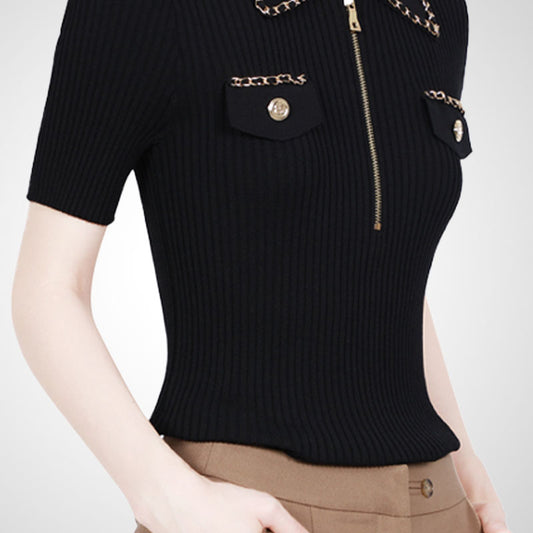 Top femenino de punto con inspiración francesa, cintura marcada y estilo moderno