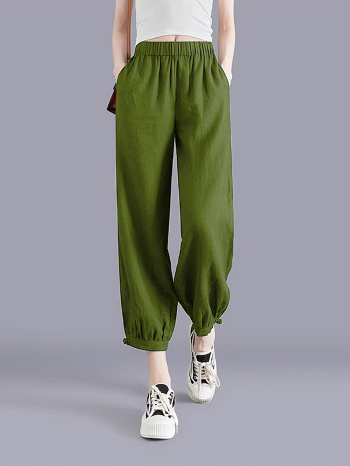 Pantalón harén de lino para mujer, estilo casual, fino y con puños elásticos