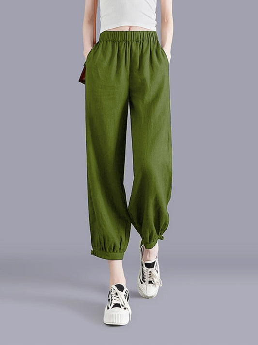 Pantalón harén de lino para mujer, estilo casual, fino y con puños elásticos