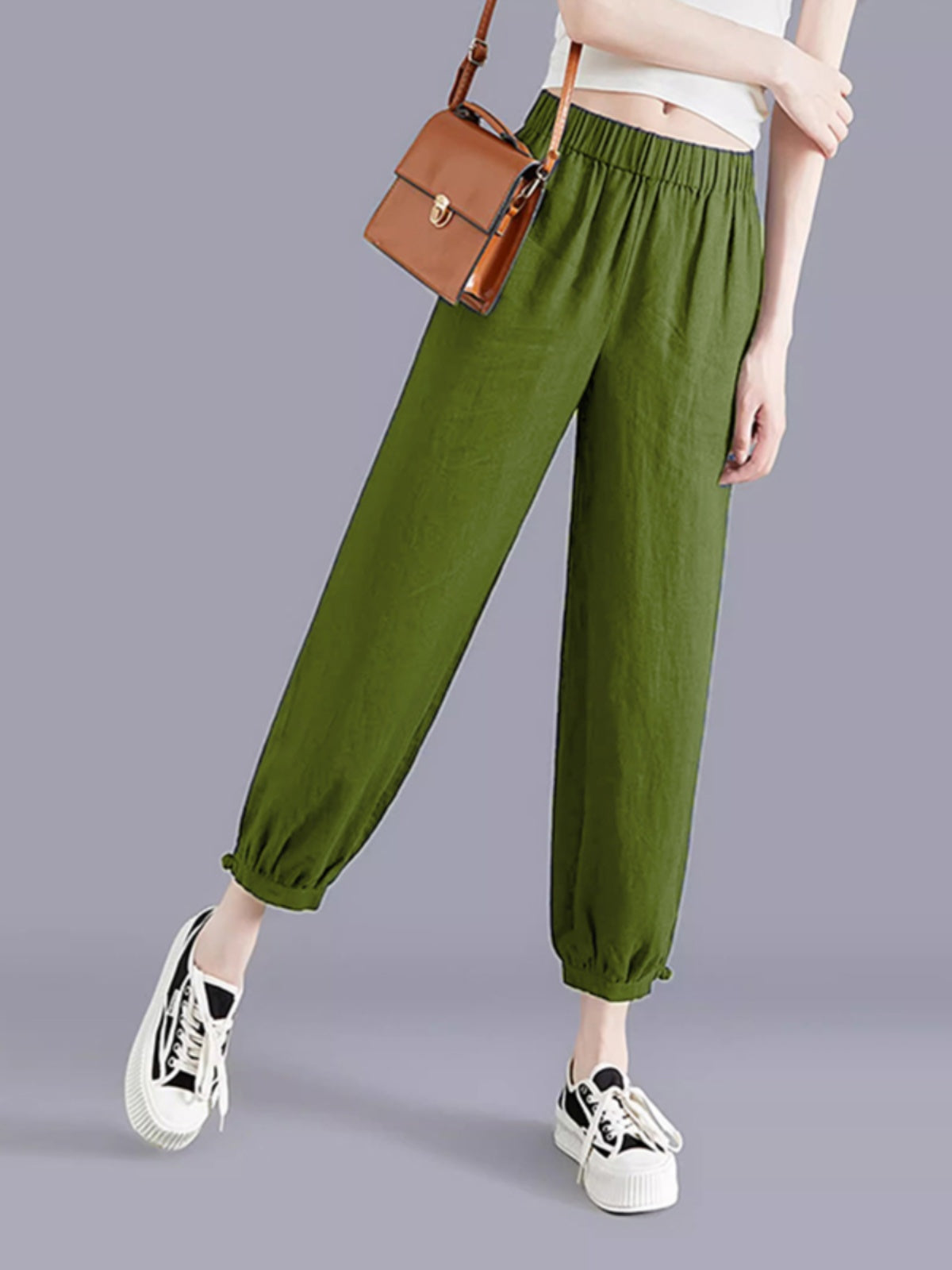 Pantalón harén de lino para mujer, estilo casual, fino y con puños elásticos