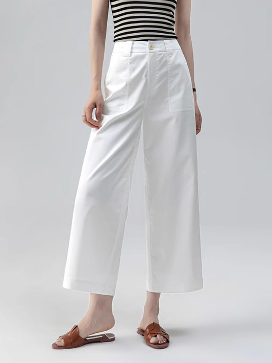 Pantalón de pierna ancha para mujer, tela ligera, blanco, estilo casual chic