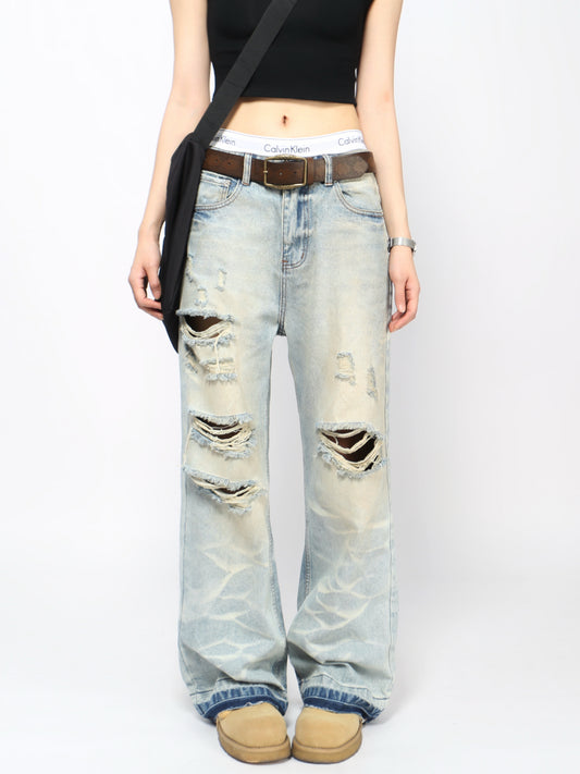 Pantalones vaqueros streetwear con rotos, estilo retro y pernera recta larga