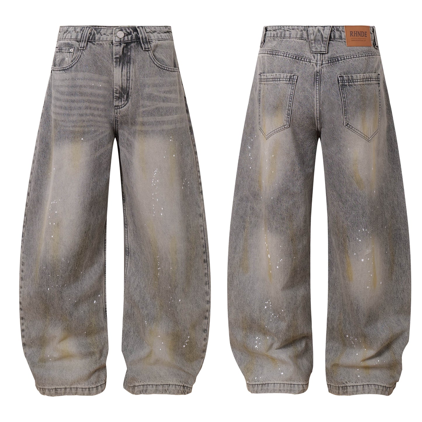 Jeans grises lavados con diseño curvo y salpicaduras, estilo urbano vintage