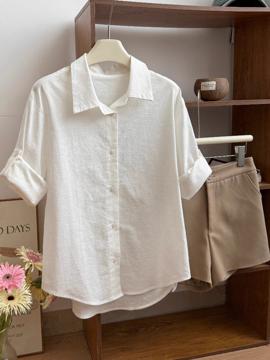 Camisa blanca de lino para mujer, manga corta, estilo francés y elegante