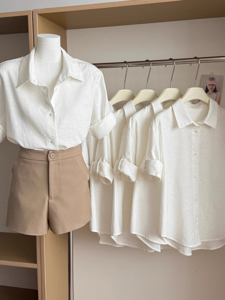 Camisa blanca de lino para mujer, manga corta, estilo francés y elegante