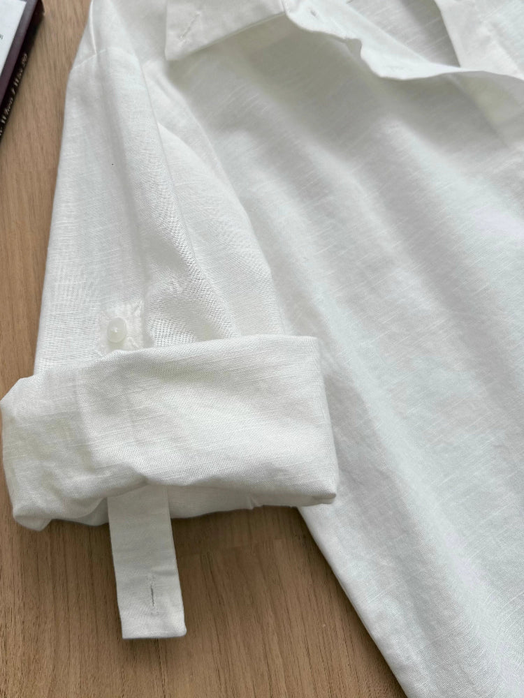 Camisa blanca de lino para mujer, manga corta, estilo francés y elegante