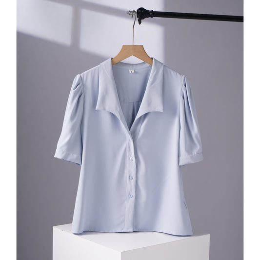 Camisa lisa con cuello vuelto y manga corta, estilo sencillo para mujer