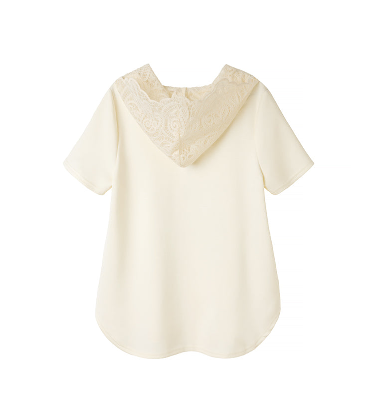 Camiseta corta con capucha y encaje, estilo casual y fresco para mujer