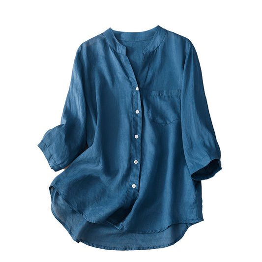 Blusa blanca de lino y algodón, cuello en V y manga corta para verano